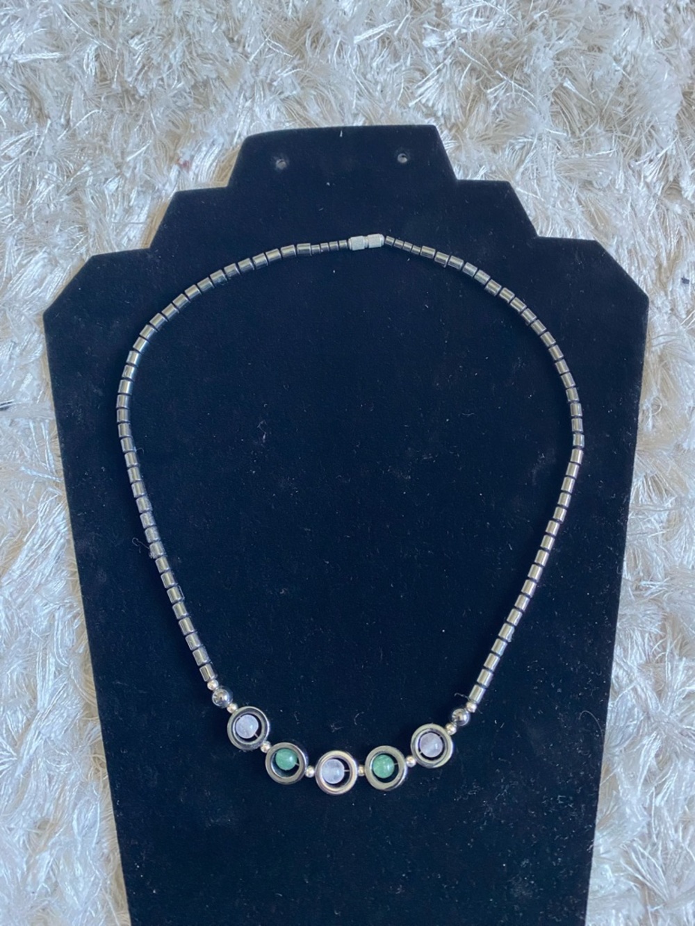 Dark Silver Tone Beaded Necklace with Green Accents